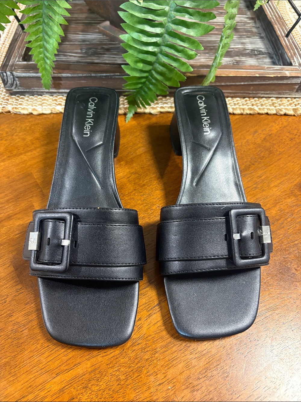 Calvin Klein Black Buckle Slide Mules